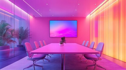 Modern pink meeting room with vibrant lighting and large screen.