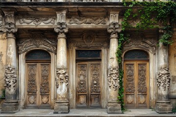 A historic library with ornate stone pillars, intricately carved doors, and ivy climbing its weathered walls