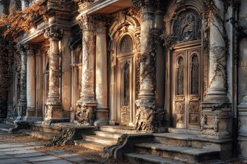 Obraz premium A historic library with ornate stone pillars, intricately carved doors, and ivy climbing its weathered walls