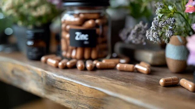 Natural zinc supplements on display in a cozy home setting surrounded by flowers and plants