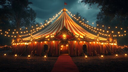 Obraz premium Red and white circus Tent at night time high resolution hd image