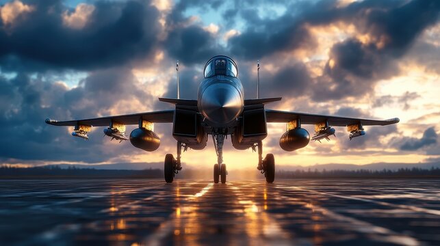 A majestic fighter jet stands proud on the tarmac under a vibrant sunset, capturing the intrigue and power of military aviation amidst dramatic skies.