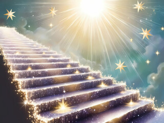 Digital Art. Celestial Stairway of Light Ascending into a Star-Filled Divine Sky.