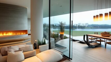 Modern interior design featuring stylish seating and a cozy fireplace in a serene environment near water