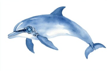 Fototapeta premium Watercolor robotic dolphin artwork underwater world marine life digital art vibrant colors futuristic design, isolated on white background