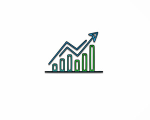 Minimalist financial growth icon featuring a green bar chart with ascending columns and a bold blue upward trending arrow, symbolizing business success, stock market gains, and economic progress.