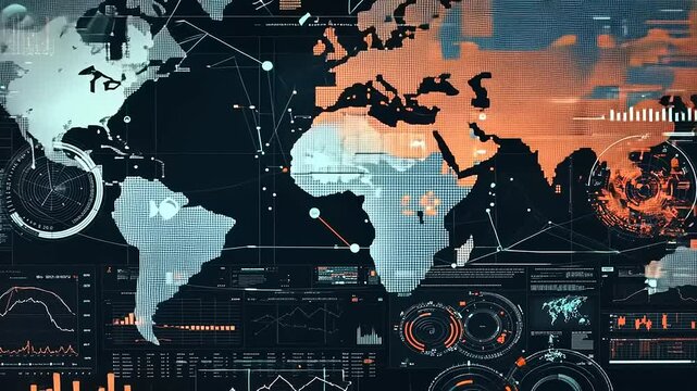 A data visualization displays a world map with associated charts and graphs in a futuristic interface.