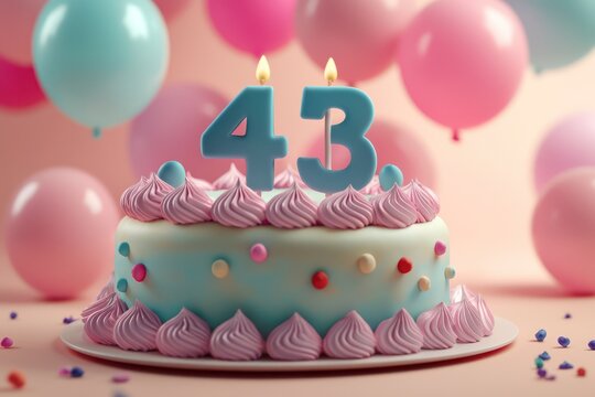 Simple backdrop for a vibrant birthday cake with number 43 in 3D.