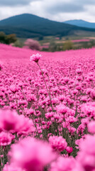 Enchanting valley landscape with glowing pink flowers in a vast field, surrounded by misty mountains and bathed in soft atmospheric light, evoking serenity, wonder, and ethereal beauty