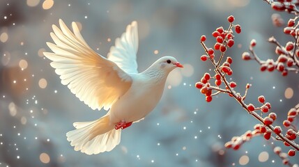 Fototapeta premium white dove with olive branch on dark background symbol of peace and love