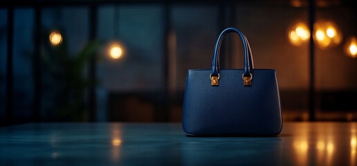 Navy Leather Tote Bag on a Table