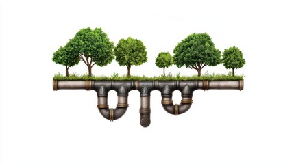 Obraz premium An illustration of trees growing from a pipe symbolizing environmental balance.