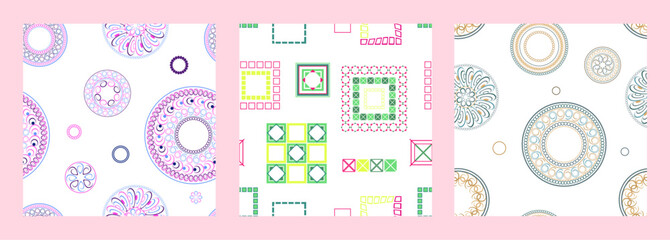 Fototapeta premium Seamless pattern of geometric shapes. Bright seamless pattern. Set of 3 patterns. Design for fabric, wallpaper, wrapping paper. Vector