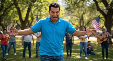 Fototapeta premium Celebrating Cultural Heritage and New Beginnings in the USA - A joyful Latin American migrant worker dances in a park surrounded by friends, symbolizing unity, celebration, culture, hope