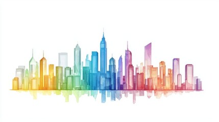 Fototapeta premium A vibrant watercolor skyline showcasing a modern cityscape with colorful skyscrapers.