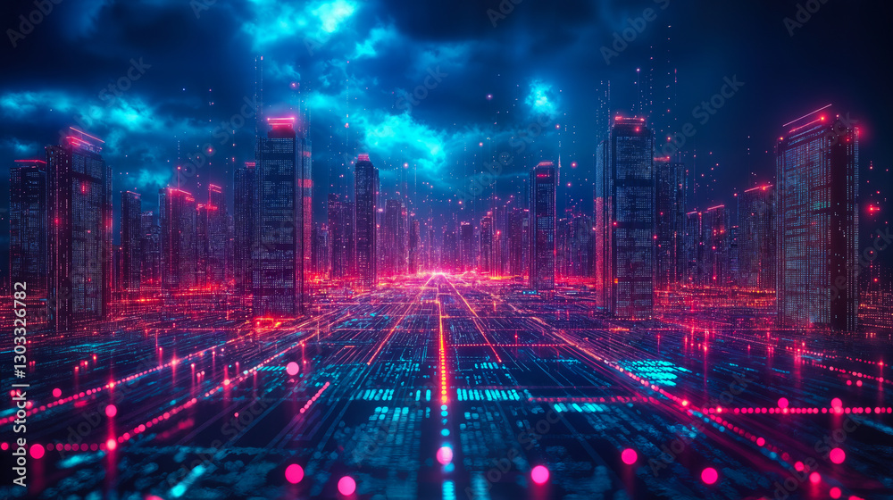 Poster futuristic big data technology cityscape with interoperable and scalable solutions for extensive dat