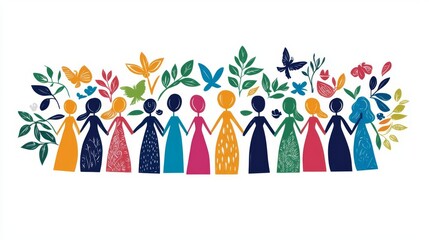 Colorful illustration of diverse women united in harmony and nature.