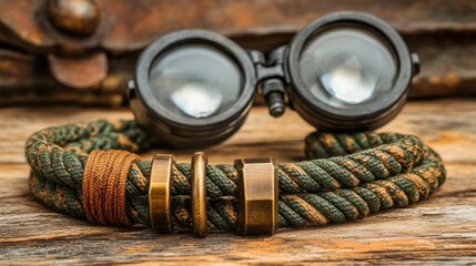 Rustic green rope bracelet with brass accents and vintage goggles.