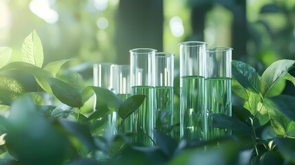 Eco-Friendly Experiments: A collection of glass test tubes filled with vibrant green liquid are nestled amidst lush greenery.
