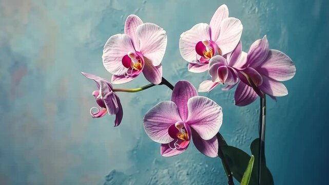 Beautiful orchids bloom gracefully against a soft blue backdrop in a serene indoor setting