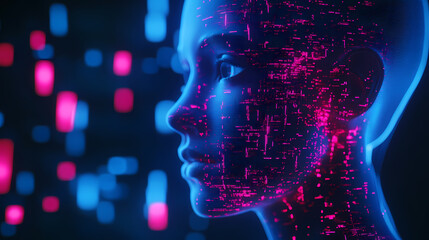 Digital Consciousness: A futuristic digital rendering of a female face, her features overlaid with glowing binary code, set against a backdrop of vibrant blue and pink digital particles.