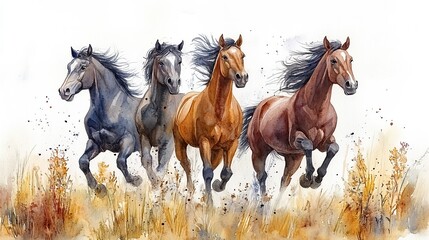 Fototapeta premium wild horses on meadow clipart isolated watercolor element illustration detailed illustration