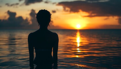 Woman silhouetted, ocean sunset