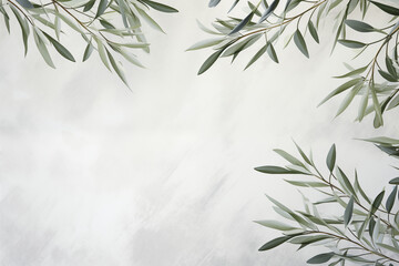 Fototapeta premium A beautifully arranged border of olive leaves and branches, framing a clean, neutral background with ample copy space for text.
