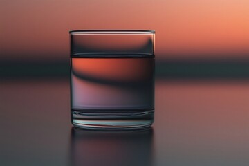 A clear glass holds beautifully colored purple water, reflecting warm sunset hues across a tranquil surface in the distance