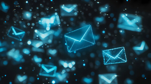 Digital Mailbox Overflow: A futuristic and dynamic scene, where countless blue email envelopes flutter through the air. The envelopes are rendered in a captivating pixelated style.