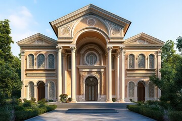 Obraz premium A majestic Renaissance-inspired church with arched colonnades, detailed plaster panels, and balanced facades