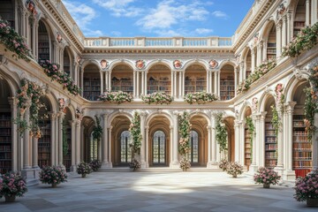 Fototapeta premium A majestic Renaissance-style library with floral friezes, arched entrances, and a symmetrical courtyard