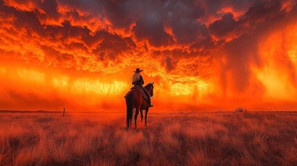 Fototapeta premium Cowboy on Horseback, Fiery Sunset Storm