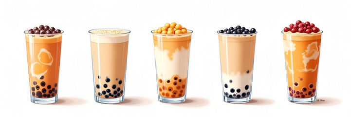 Set of tapioca pearl bubble tea glass Asian Beverage Cafes Drink Food Refreshment Advertisement illustration