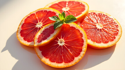 Bright Closeup Juicy Red Grapefruit Slices - Vibrant Citrus Fruit, Healthy Snack, Sunlit Food Photo