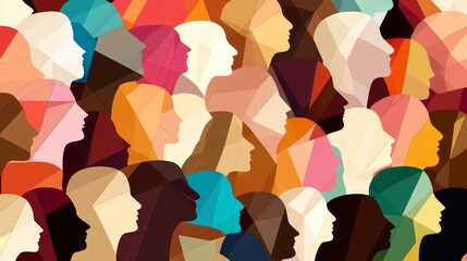 Abstract representation of diverse human profiles in vibrant, colorful shapes.