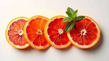 Fresh Juicy Bright Red Blood Orange Citrus Slices with Mint Leaves