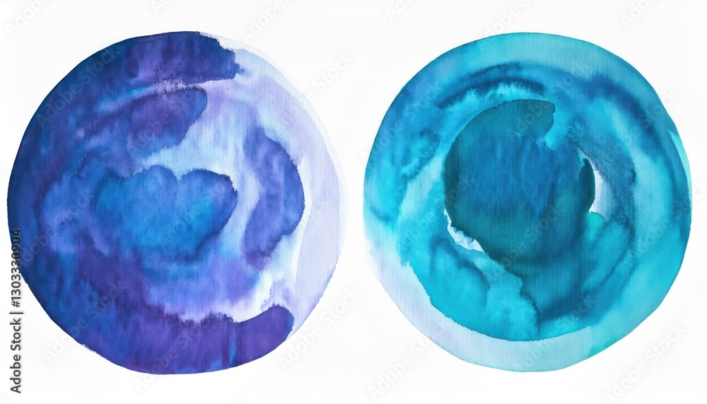 Poster abstract watercolor painting of three overlapping blue and purple circles with fluid gradients for m