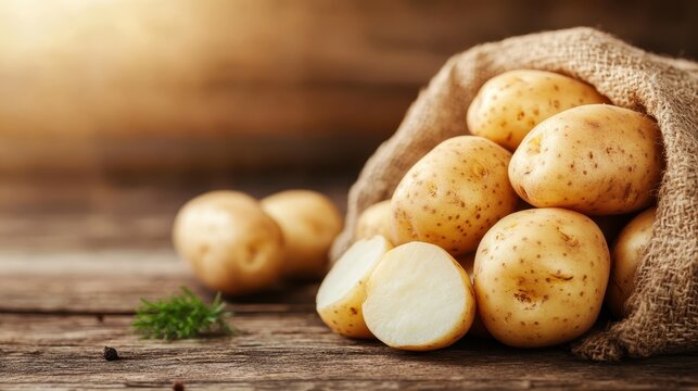 A charming display of fresh potatoes spilling from a burlap sack onto a rustic wooden surface, embodying the essence of natural farm-fresh produce and simplicity.
