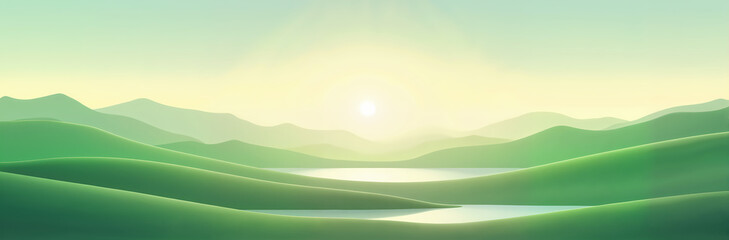 Obraz premium Rolling green hills with a serene lake at sunrise, enveloped in soft golden light, creating a dreamy and peaceful nature scene for inspiration and relaxation.