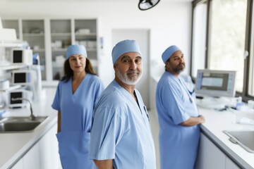 Obraz premium Medical professionals in light blue scrubs are working together in a modern healthcare clinic located in a rural area, showcasing teamwork