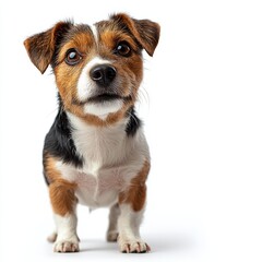 A small, adorable dog with a tricolor coat stands against a white background, displaying its expressive eyes and playful demeanor.