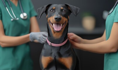 Two veterinarians professionally examine a joyful dog in a clean, well-lit clinic. The interaction showcases their care and commitment to animal health and well-being