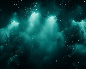 Cosmic teal nebula in space with stardust and lights