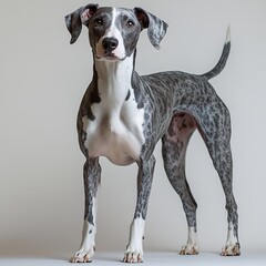 A striking grey and white patterned dog stands confidently against a neutral background, showcasing its elegant posture and expressive features.