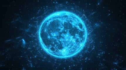 Fototapeta premium Glowing blue sphere in dark space with connecting lines.