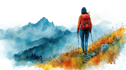 woman hiking clipart watercolor illustration detailed illustration