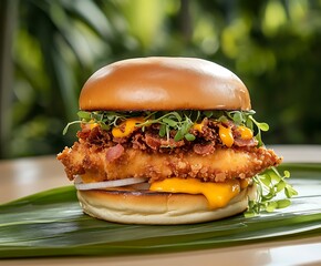 Delicious Crispy Chicken Sandwich with Fresh Greens and Melted Cheese on a Soft Bun