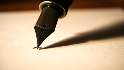 close up of a fountain pen writing on a blank paper. The image is shot with a shallow depth of field, creating a soft and focused effect