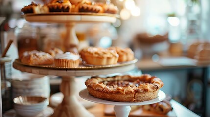 Naklejka premium Assortment of homemade pies and cakes on a vintage cake stand